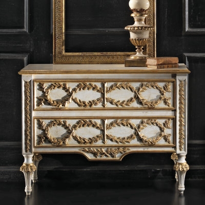 Accent Chest: Neoclassical Antique White with Carved Gilded Laurel Wreaths