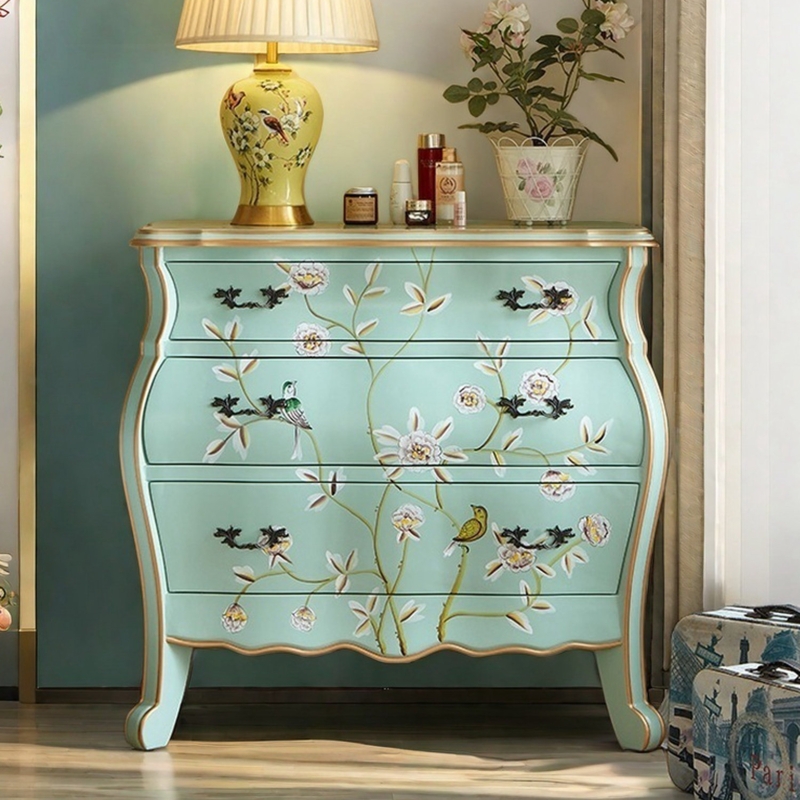 Accent Chest: Seafoam Green Bombe Shape with Hand-Painted Bird Motif