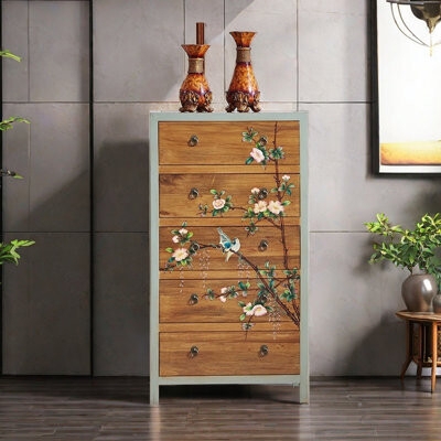 Accent Chest: Tall Five-Drawer with Sage Green Frame & Botanical Bird Motif