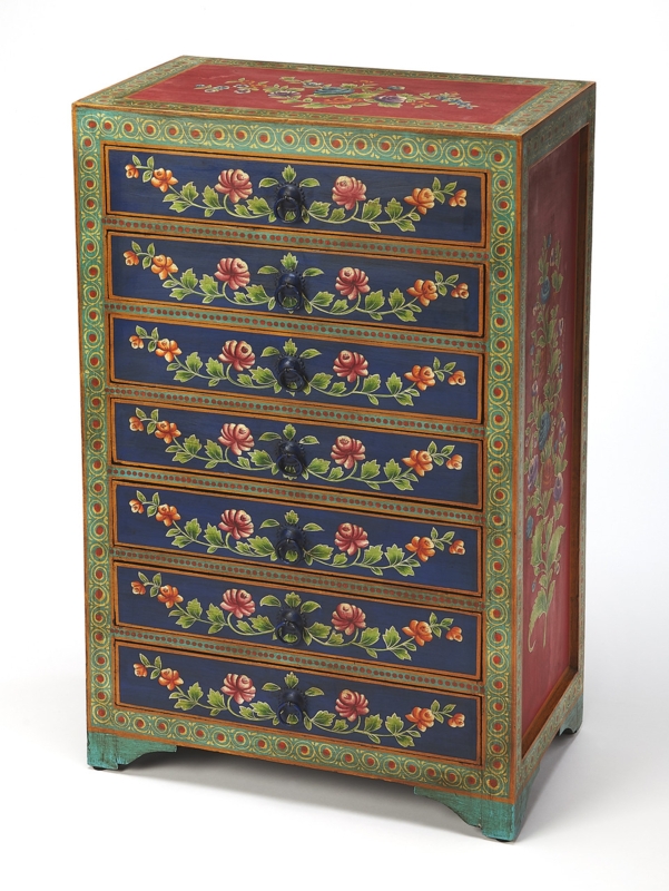 Accent Chest: Tall Slim Seven-Drawer with Multi-Color Folk Art Floral