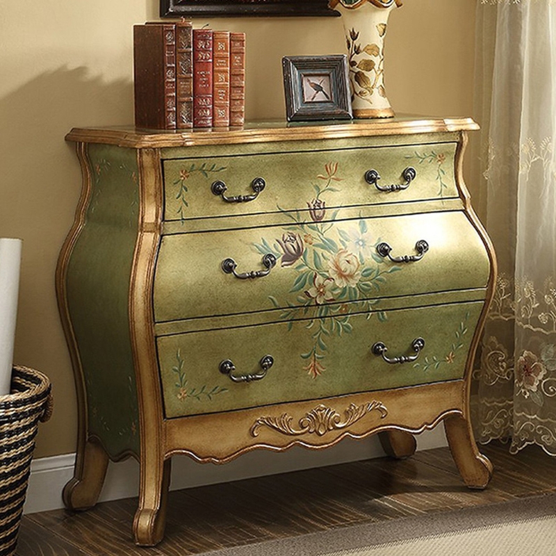 Accent Chest: Vintage Sage Green Bombe Style with Hand-Painted Florals