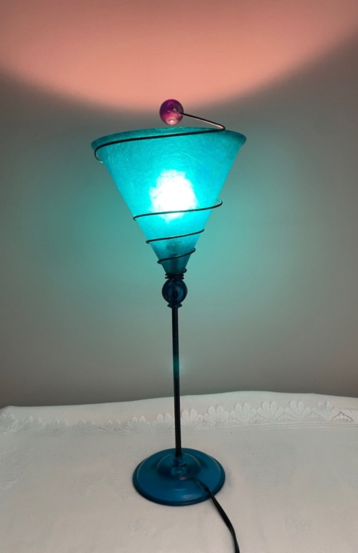 Accent Lamp: Retro Atomic Teal Fiberglass Shade with Spiral Wire Wrap.