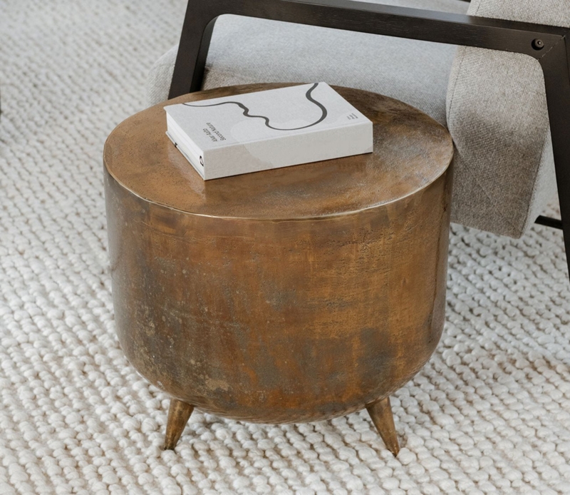 Accent Table Antique Brass Weathered Patina Tripod Legs Brutalist