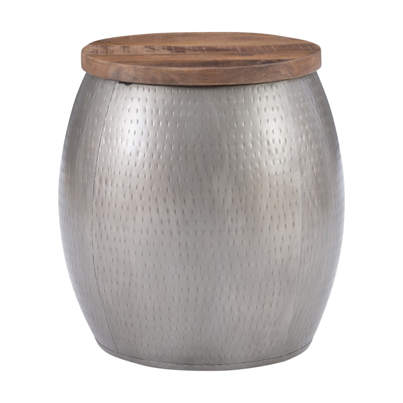 Accent Table Hammered Metal Wood Lid Storage Barrel Rustic