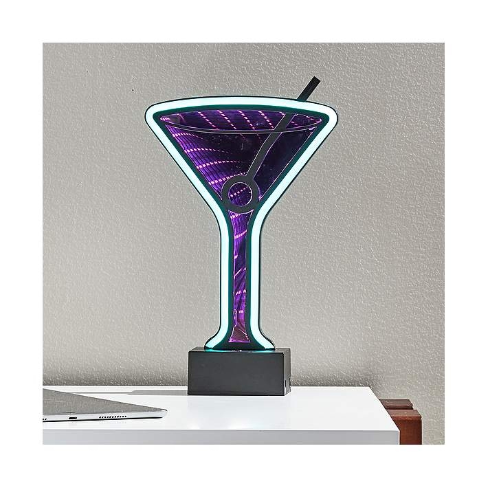 Accent Table Lamp: Neon Purple and Cyan Infinity Mirror Martini Glass.