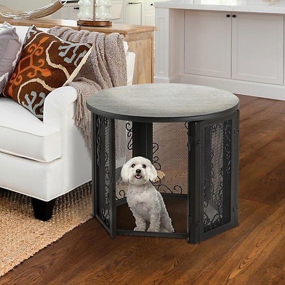 Accent Table Pet Crate Round Top Weathered Grey Decorative Scrollwork