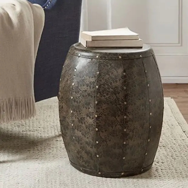 Accent Table Riveted Seams Distressed Dark Bronze Industrial Barrel
