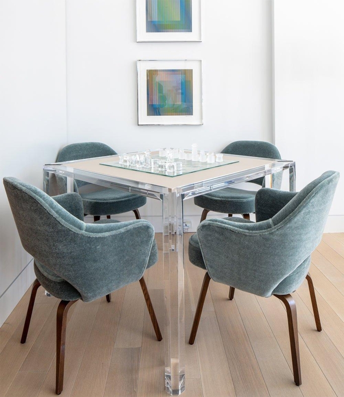 Acrylic Game Table with Glass Chess Set Inlay and Teal Chairs