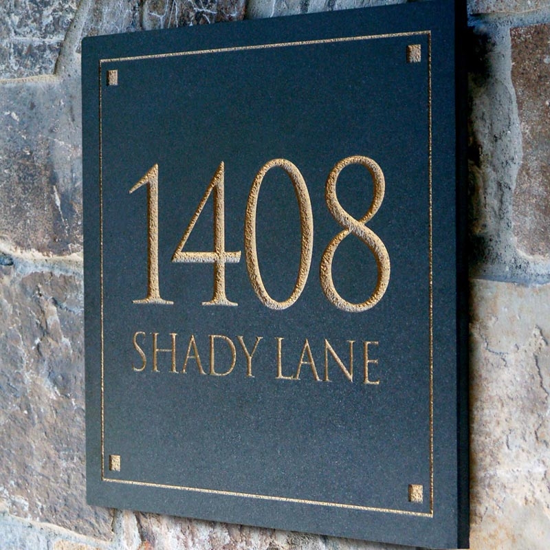 Address Plaque Charcoal Stone Gold Engraving Classic Exterior Signage