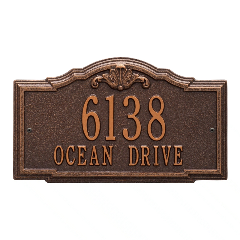 Address Plaque Decorative Crest Scalloped Top Antique Bronze House Sign