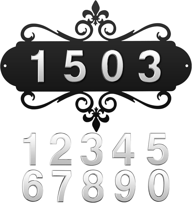 Address Plaque Fleur de Lis Scrollwork Silver Metallic Traditional