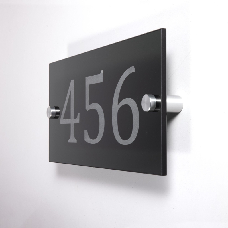 Address Plaque Matte Black Glass Standoff Mounts Etched Contemporary