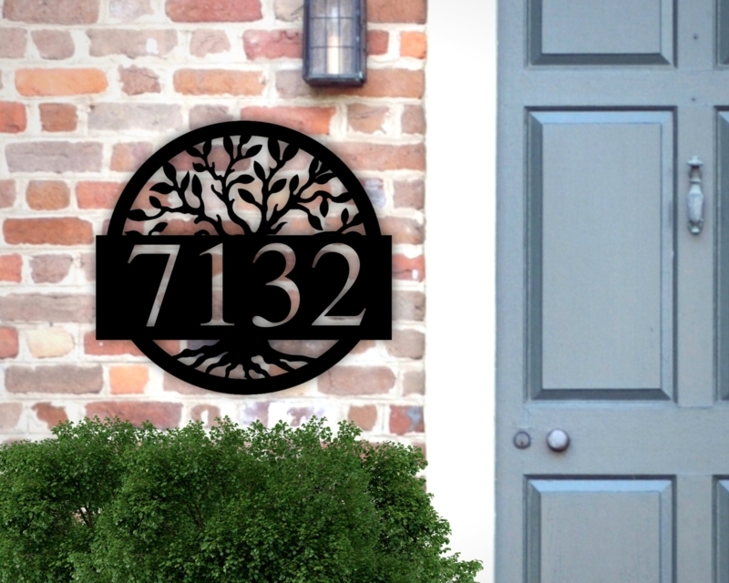 Address Sign Tree of Life Motif Matte Black Circular Frame