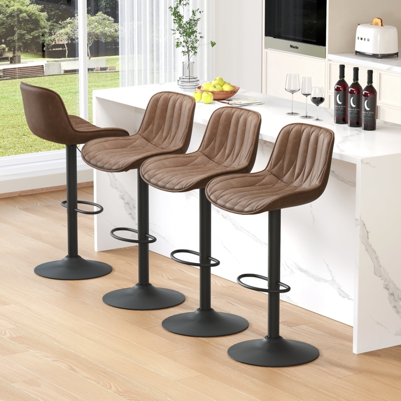 Adjustable Bar Stool Ribbed Texture Matte Black Pedestal Base