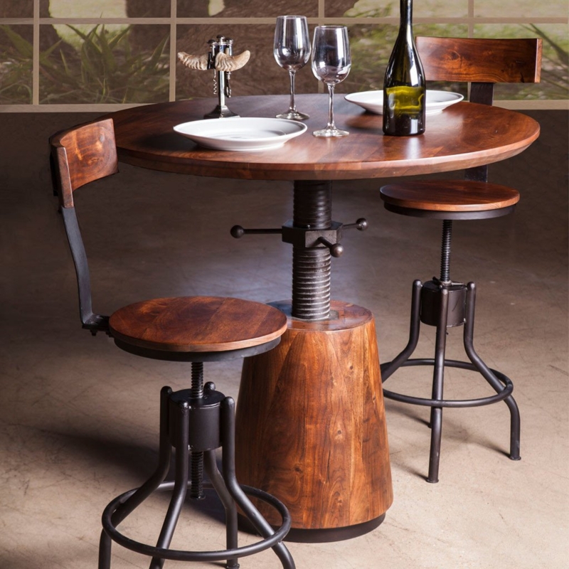 Adjustable Dining Table Hand Crank Wood Pedestal Base Walnut Brown