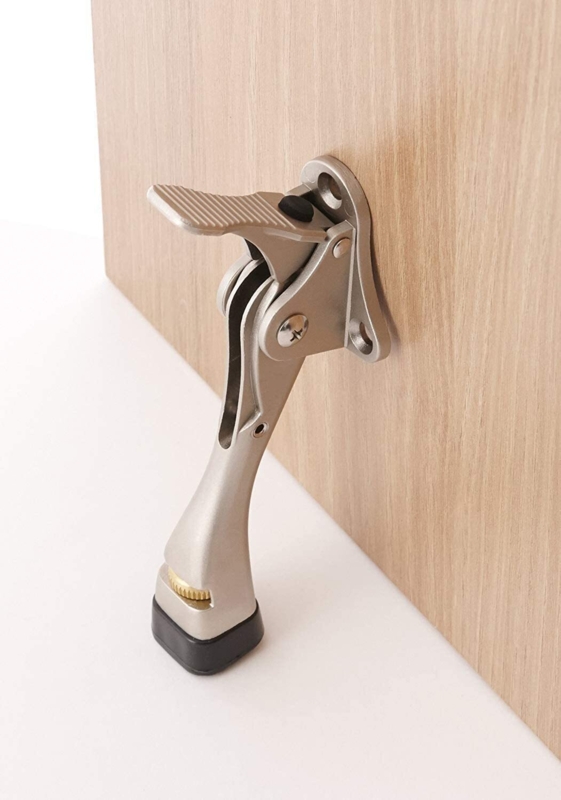 Adjustable Satin Chrome Kickdown Door Stopper with Brass Wheel