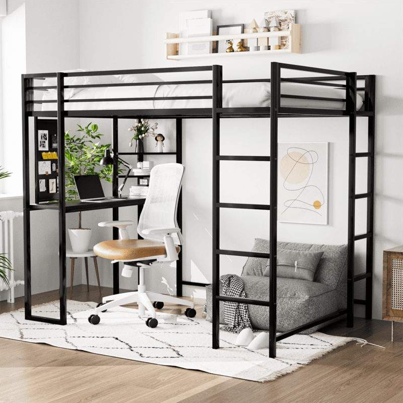 Adult Loft Bed Workstation Dual Ladders Metal Frame Space Saving