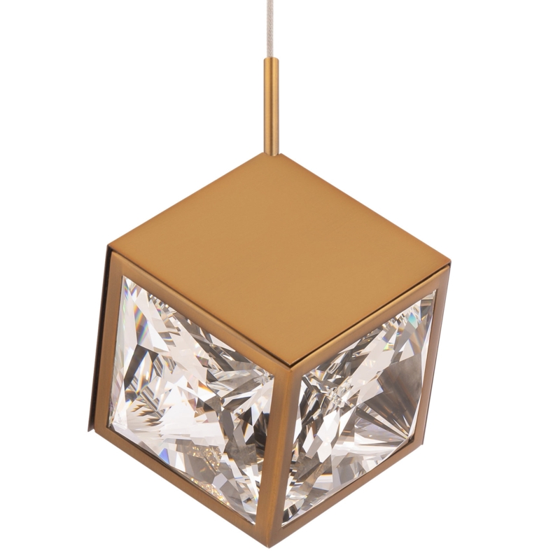 Aged Brass Cube Lighting Pendant with Full Faceted Crystal Interior