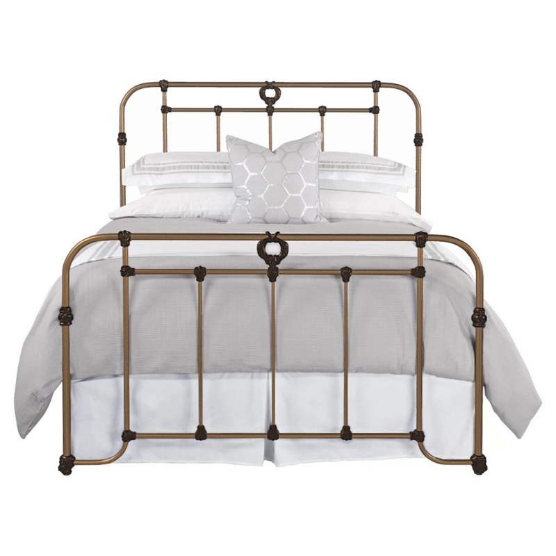 Aged Brass Iron Bed Frame Ornate Cast Joints Wrap Around Corners
