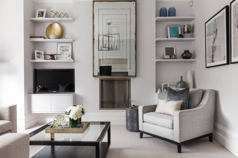 Alcove Shelving: Symmetrical Layout with Antique Mirror Focal Point