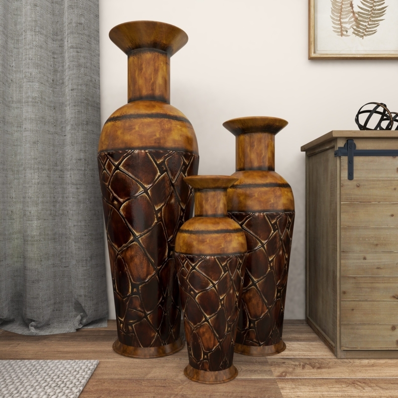 Amber Two-Tone Floor Vases Set Embossed Geometric Pattern Global