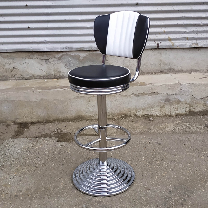 American Diner Bar Stool Black and White Stepped Chrome Base