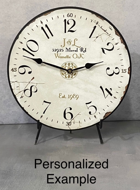 Analog Clock Vintage Personalized, Wire Stand, Distressed Crackle Finish