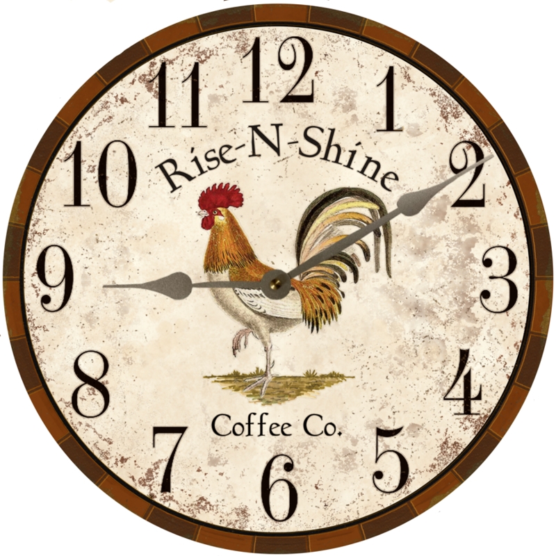 Analog Wall Clock featuring Rooster Illustration and Distressed Finish
