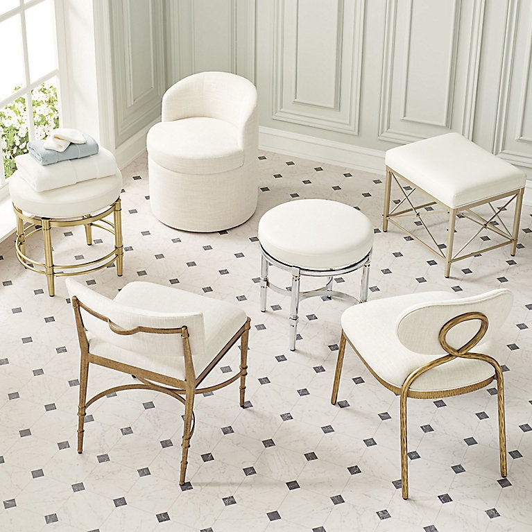 Annecy Swivel Vanity Stool with Padded White Faux Leather Seat & Adjustable  Feet