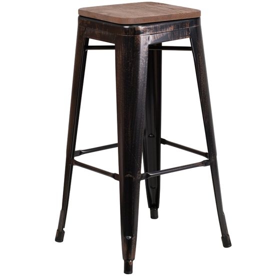 Antique Black Gold Bar Stool Distressed Metal Square Wood Seat Rustic