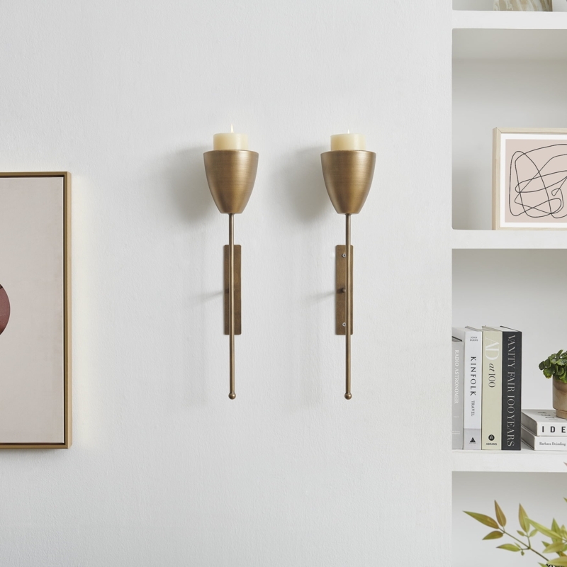 Antique Brass Wall Sconces with Vertical Rods and Pillar Holders