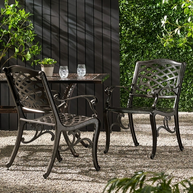 Antique Bronze Cast Aluminum Chairs, Lattice Back and Scrolled Arms