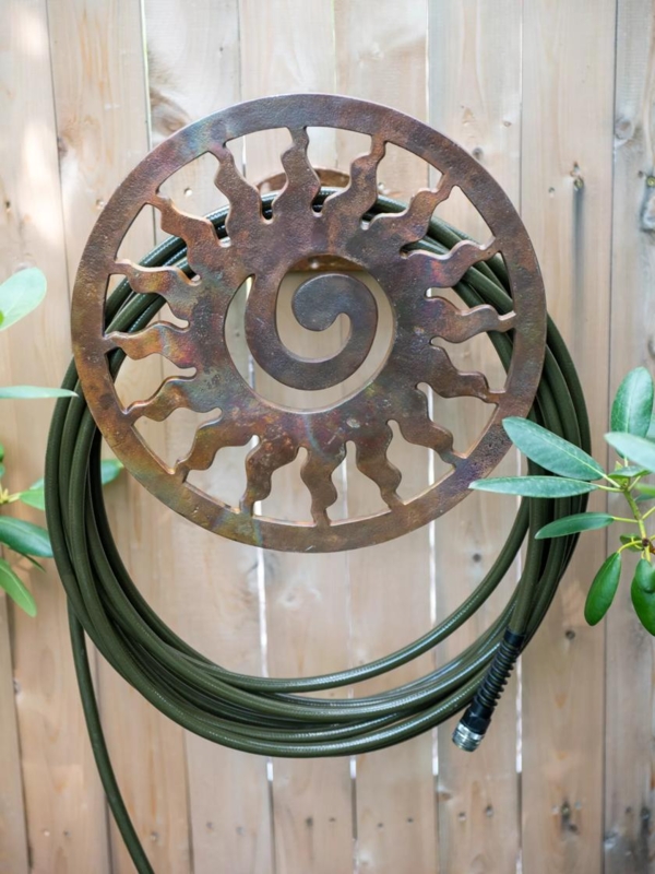 Antique Bronze Celestial Hose Reel: Wall Mount with Spiral Sunburst