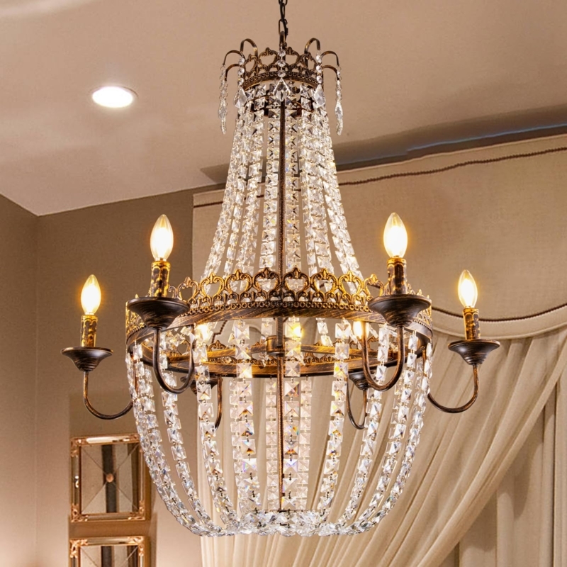 Antique Bronze Empire Chandelier Crystal Strands Filigree Bands Rustic