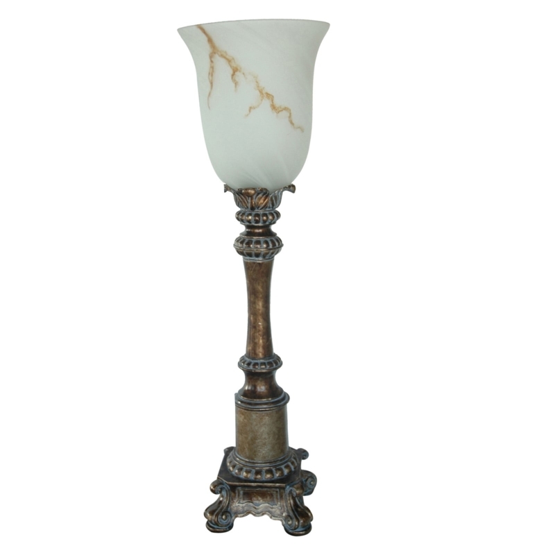 Antique Bronze Table Torchiere with Marbled Glass Shade, Scrolled Base