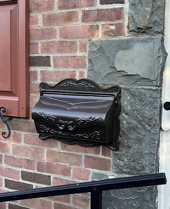 Antique Bronze Wall Mailbox Ornate Scrollwork Ribbon Motif Traditional