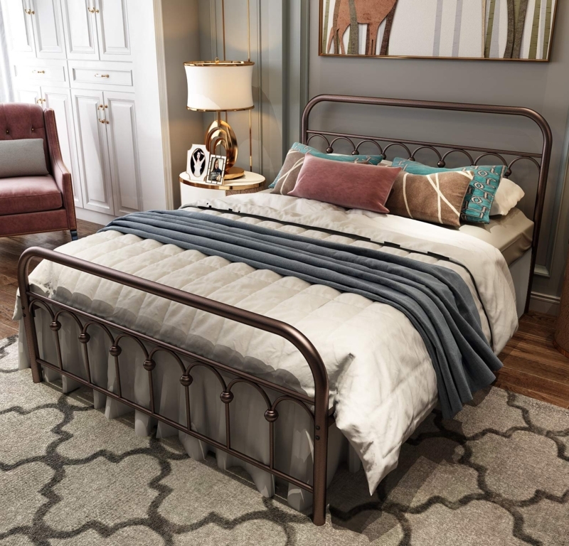 Antique Brown Bed Frame Arched Footboard Curved Tubular Metal