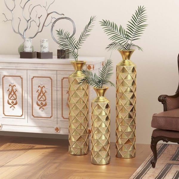Antique Gold Floor Vases Set with Geometric Triangle Relief