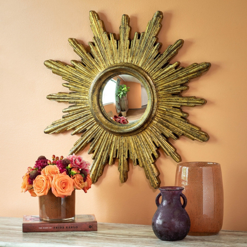 Antique Gold Sunburst Mirror: Convex Center and Multi-Layered Spikes