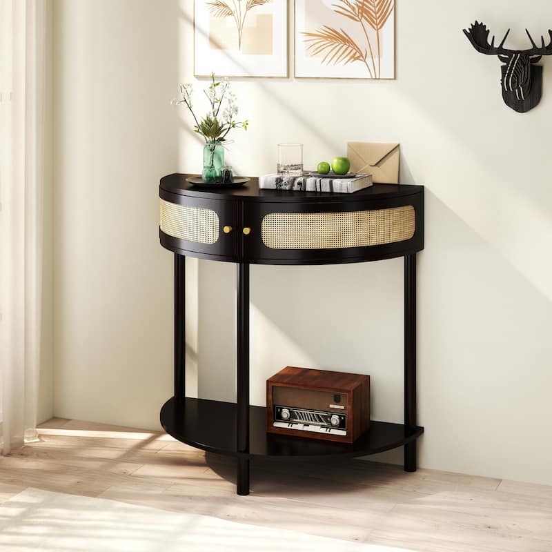 Antique Green Accent Table with Curved Rattan Cane Storage Doors