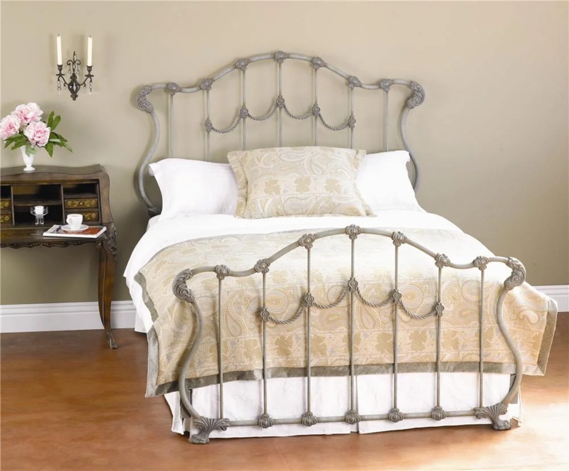 Antique Grey Iron Bed Frame Distressed Finish Scrolled Accents