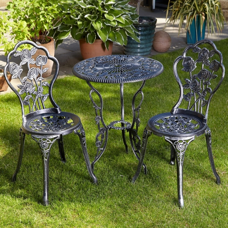 Antique Grey Metal Bistro Set featuring Rose Motif and Openwork Design