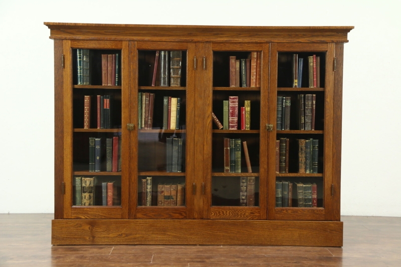 Antique Oak Library Bookcase with Four Wavy Glass Doors