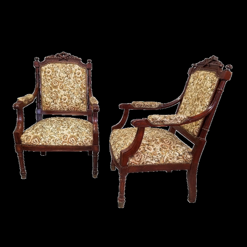 Antique Pair of Armchairs: Louis XVI Carved Bow Crest Floral