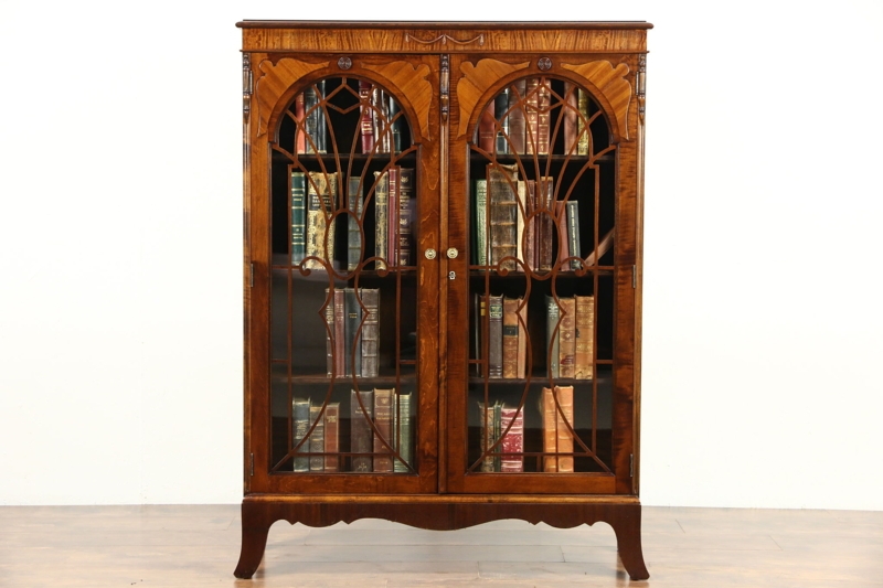 Antique Tudor Library Bookcase with Carved Frieze and Wood Grills