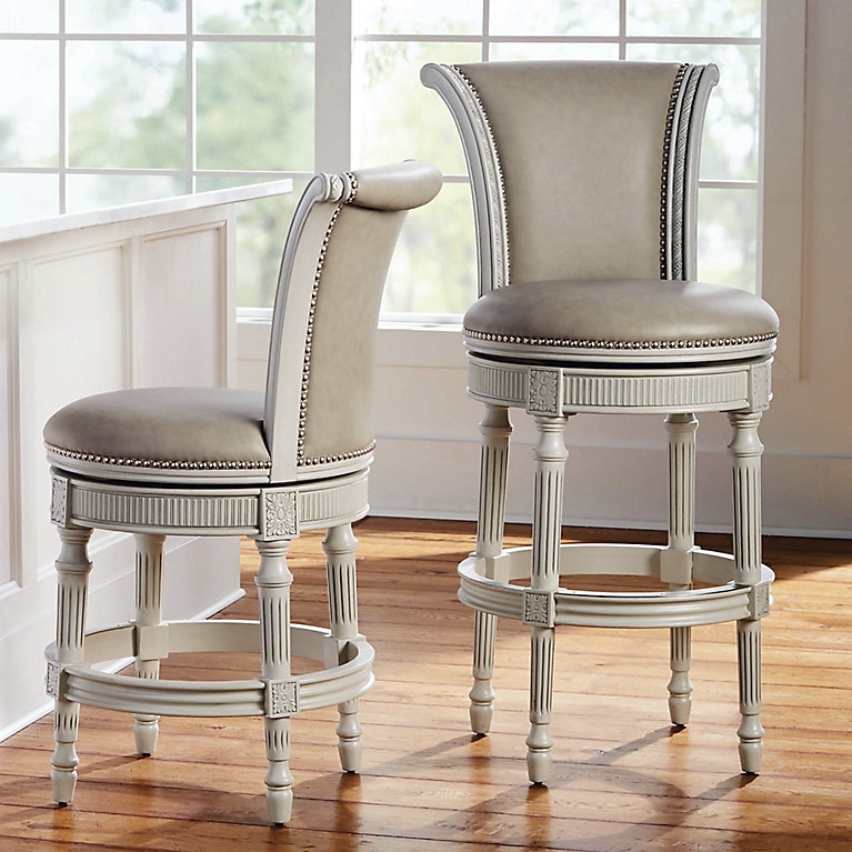 Antique White Counter Stool Fluted Legs Rolled Back Nailhead Trim.