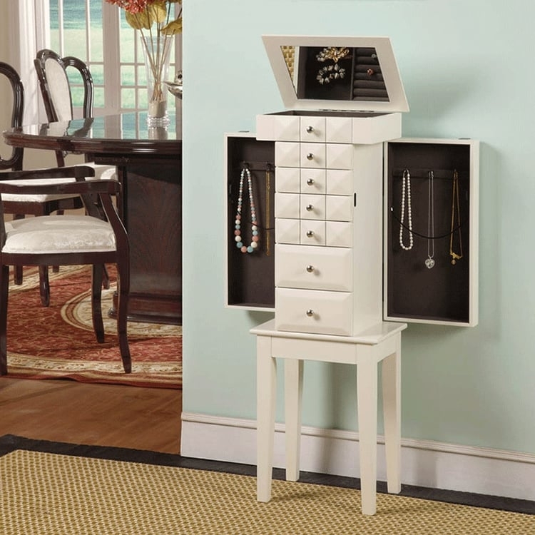 Antique White Jewelry Chest with Faceted Drawers and Flip-Top
