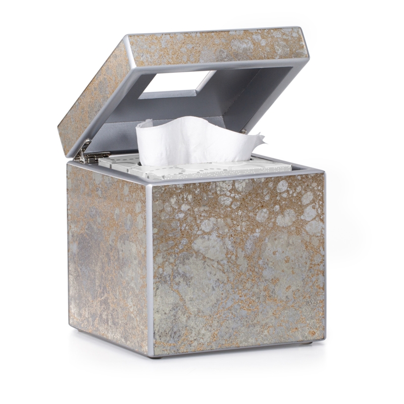 Antiqued Mirrored Cube Tissue Box with Hinged Lid in Champagne