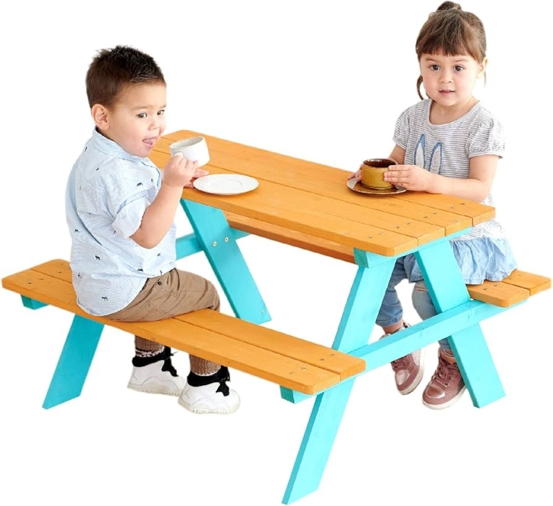 Aqua Blue Kids Picnic Table with Slatted Wood Top and A-Frame Legs