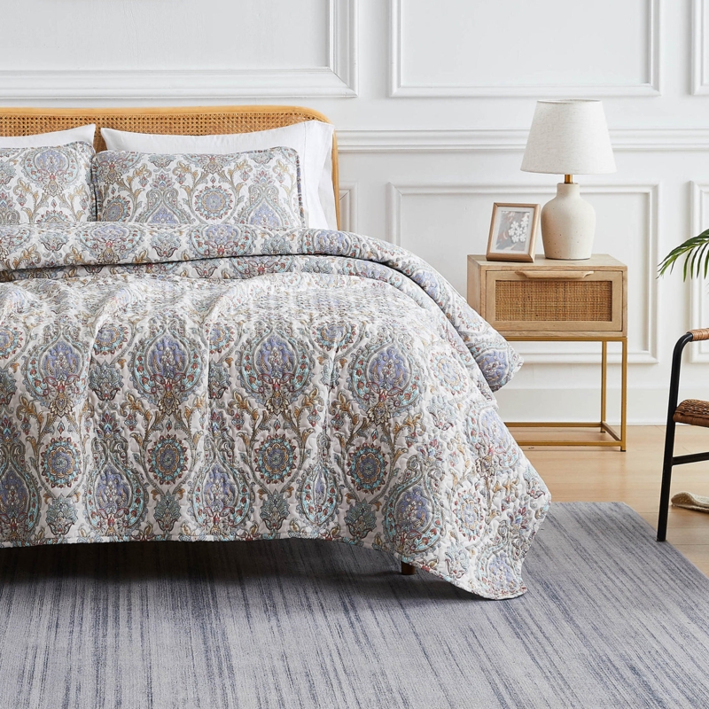 Aqua Paisley Quilt Set: Medallion Print with Boho Bedroom Bedding Style